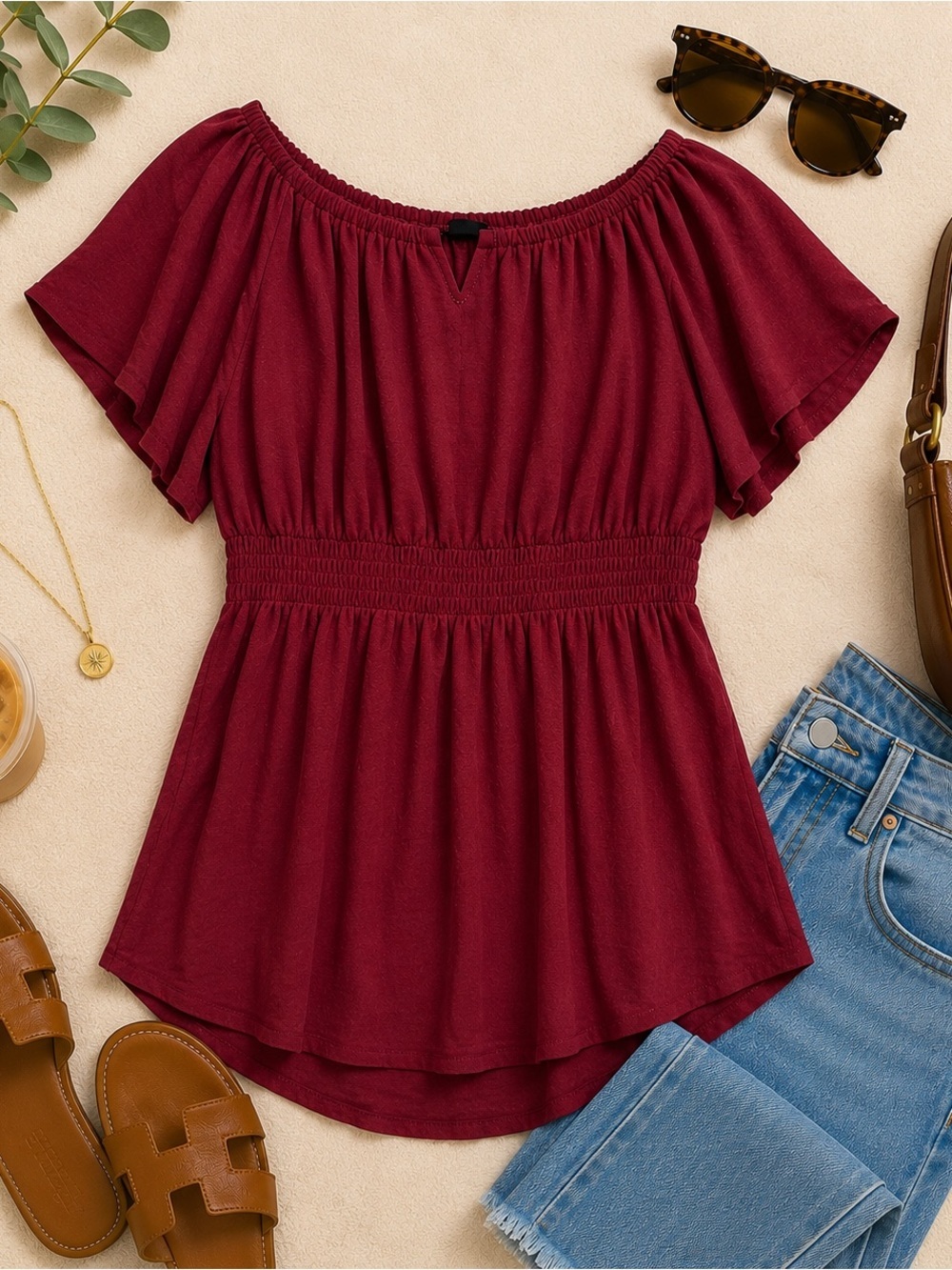 Scomchic Burgundy Peasant Tunic Top 2XL Boho Flutter Sleeve Babydoll Blouse